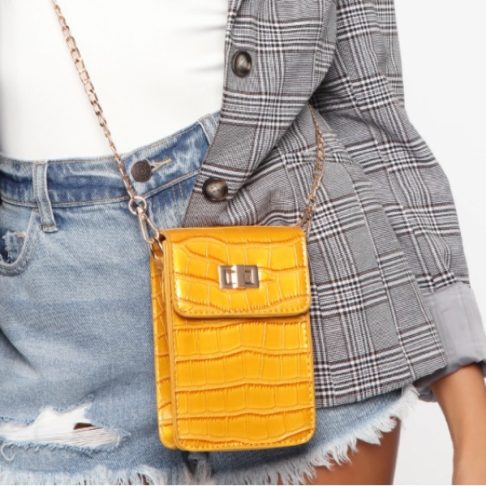Fashion Nova Shanel Phone Bag Faux Crocodile Print - Color Mustard